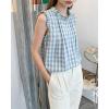 image:imagechouyatou Womens Summer Ruffle Sleeve Gingham Cotton Shirt Bowknot Plaid Blouses Pleated Tunic Tank TopsBlue