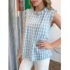 image:imagechouyatou Womens Summer Ruffle Sleeve Gingham Cotton Shirt Bowknot Plaid Blouses Pleated Tunic Tank TopsBlue