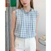 image:imagechouyatou Womens Summer Ruffle Sleeve Gingham Cotton Shirt Bowknot Plaid Blouses Pleated Tunic Tank TopsBlue