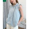 image:imagechouyatou Womens Summer Ruffle Sleeve Gingham Cotton Shirt Bowknot Plaid Blouses Pleated Tunic Tank TopsBlue