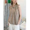 image:imagechouyatou Womens Summer Ruffle Sleeve Gingham Cotton Shirt Bowknot Plaid Blouses Pleated Tunic Tank TopsBrown