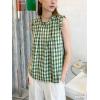 image:imagechouyatou Womens Summer Ruffle Sleeve Gingham Cotton Shirt Bowknot Plaid Blouses Pleated Tunic Tank TopsGreen