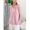 image:imagechouyatou Womens Summer Ruffle Sleeve Gingham Cotton Shirt Bowknot Plaid Blouses Pleated Tunic Tank TopsPink
