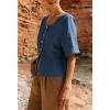image:imagechouyatou Womens Vintage Denim Button Down Shirt Short Sleeve Jean Blouses Y2K Summer Tunic TopsBlue