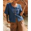 image:imagechouyatou Womens Vintage Denim Button Down Shirt Short Sleeve Jean Blouses Y2K Summer Tunic TopsBlue