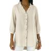 image:imagechouyatou Womens 2026 Ruffle Button Down Denim Shirt Casual V Neck 34 Sleeve Jean Tunic Blouse TopsBeige