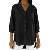 image:imagechouyatou Womens 2026 Ruffle Button Down Denim Shirt Casual V Neck 34 Sleeve Jean Tunic Blouse TopsBlack