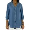 image:imagechouyatou Womens 2026 Ruffle Button Down Denim Shirt Casual V Neck 34 Sleeve Jean Tunic Blouse TopsBlue