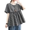 image:imagechouyatou Womens Gingham Cotton Shirt Short Sleeve Plaid Blouses Ruffle Hem Pullover Summer Tunic TopsBlack