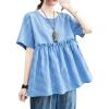 image:imagechouyatou Womens Gingham Cotton Shirt Short Sleeve Plaid Blouses Ruffle Hem Pullover Summer Tunic TopsBlue
