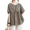 image:imagechouyatou Womens Gingham Cotton Shirt Short Sleeve Plaid Blouses Ruffle Hem Pullover Summer Tunic TopsCoffee
