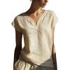 image:imagechouyatou Womens Lace Eyelet Cotton Linen Shirts V Neck Short Sleeve Blouses Pullover Summer Tunic TopsBeige