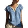 image:imagechouyatou Womens Lace Eyelet Cotton Linen Shirts V Neck Short Sleeve Blouses Pullover Summer Tunic TopsBlue