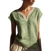 image:imagechouyatou Womens Lace Eyelet Cotton Linen Shirts V Neck Short Sleeve Blouses Pullover Summer Tunic TopsGreen