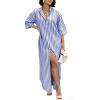 image:imagechouyatou Womens Summer Boho Button Up Striped Shirt Dress 34 Sleeve Business Casual Maxi Long Beach DressBlue