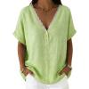 image:imagechouyatou Womens Summer Lace Eyelet Shirts V Neck Half Button Short Sleeve Blouses Pullover Tops OutfitsLight Green