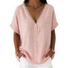 image:imagechouyatou Womens Summer Lace Eyelet Shirts V Neck Half Button Short Sleeve Blouses Pullover Tops OutfitsPink