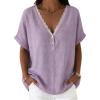 image:imagechouyatou Womens Summer Lace Eyelet Shirts V Neck Half Button Short Sleeve Blouses Pullover Tops OutfitsPurple