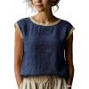 image:imagechouyatou Womens Summer Lace Eyelet Tshirts Shirts Crewneck Cap Sleeve Blouses Pullover Tops OutfitsDark Blue