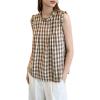 image:imagechouyatou Womens Summer Ruffle Sleeve Gingham Cotton Shirt Bowknot Plaid Blouses Pleated Tunic Tank TopsBrown