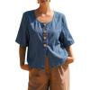 image:imagechouyatou Womens Vintage Denim Button Down Shirt Short Sleeve Jean Blouses Y2K Summer Tunic TopsBlue