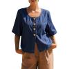 image:imagechouyatou Womens Vintage Denim Button Down Shirt Short Sleeve Jean Blouses Y2K Summer Tunic TopsDark Blue