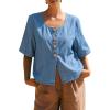 image:imagechouyatou Womens Vintage Denim Button Down Shirt Short Sleeve Jean Blouses Y2K Summer Tunic TopsSky Blue