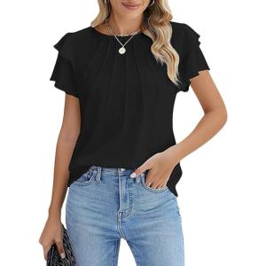 image:imagechouyatou Women Summer Ruffle Flutter Sleeve Dressy Casual Tops Round Neck Business Casual Chiffon Top BlouseBlack
