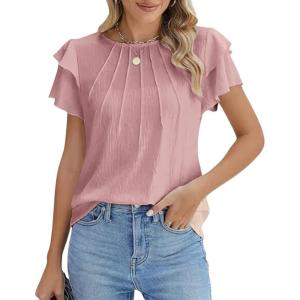 image:imagechouyatou Women Summer Ruffle Flutter Sleeve Dressy Casual Tops Round Neck Business Casual Chiffon Top BlousePink