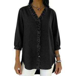 image:imagechouyatou Womens 2026 Ruffle Button Down Denim Shirt Casual V Neck 34 Sleeve Jean Tunic Blouse TopsBlack