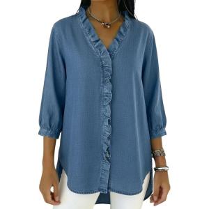 image:imagechouyatou Womens 2026 Ruffle Button Down Denim Shirt Casual V Neck 34 Sleeve Jean Tunic Blouse TopsBlue