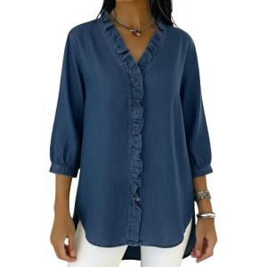image:imagechouyatou Womens 2026 Ruffle Button Down Denim Shirt Casual V Neck 34 Sleeve Jean Tunic Blouse TopsDark Blue