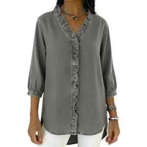 image:imagechouyatou Womens 2026 Ruffle Button Down Denim Shirt Casual V Neck 34 Sleeve Jean Tunic Blouse TopsGray