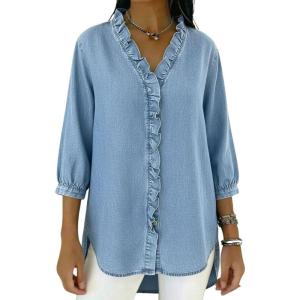 image:imagechouyatou Womens 2026 Ruffle Button Down Denim Shirt Casual V Neck 34 Sleeve Jean Tunic Blouse TopsLight Blue