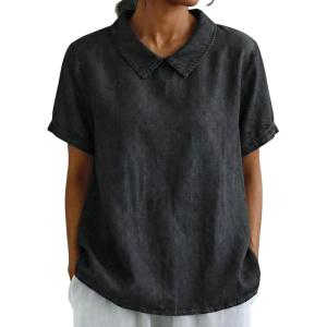 image:imagechouyatou Womens Business Casual Denim Shirts Short Sleeve Collared Jean Shirt Blouses Tunic Pullover TopsBlack