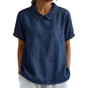 image:imagechouyatou Womens Business Casual Denim Shirts Short Sleeve Collared Jean Shirt Blouses Tunic Pullover TopsDark Blue