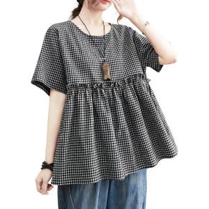 image:imagechouyatou Womens Gingham Cotton Shirt Short Sleeve Plaid Blouses Ruffle Hem Pullover Summer Tunic TopsBlack