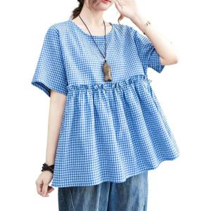 image:imagechouyatou Womens Gingham Cotton Shirt Short Sleeve Plaid Blouses Ruffle Hem Pullover Summer Tunic TopsBlue