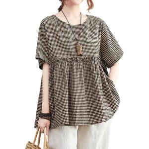 image:imagechouyatou Womens Gingham Cotton Shirt Short Sleeve Plaid Blouses Ruffle Hem Pullover Summer Tunic TopsCoffee