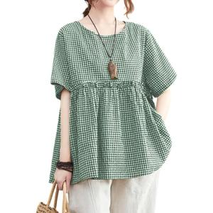 image:imagechouyatou Womens Gingham Cotton Shirt Short Sleeve Plaid Blouses Ruffle Hem Pullover Summer Tunic TopsGreen