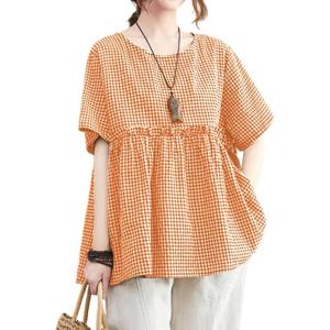 image:imagechouyatou Womens Gingham Cotton Shirt Short Sleeve Plaid Blouses Ruffle Hem Pullover Summer Tunic TopsOrange