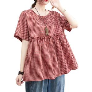 image:imagechouyatou Womens Gingham Cotton Shirt Short Sleeve Plaid Blouses Ruffle Hem Pullover Summer Tunic TopsRed