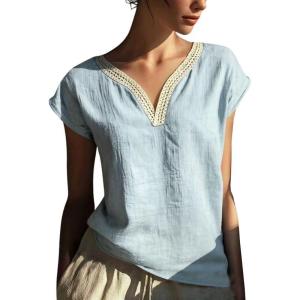 image:imagechouyatou Womens Lace Eyelet Cotton Linen Shirts V Neck Short Sleeve Blouses Pullover Summer Tunic TopsAzure