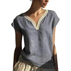 image:imagechouyatou Womens Lace Eyelet Cotton Linen Shirts V Neck Short Sleeve Blouses Pullover Summer Tunic TopsGrey
