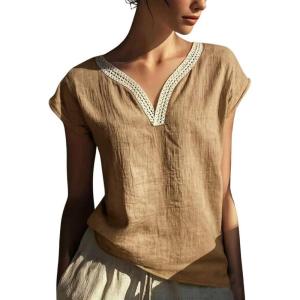 image:imagechouyatou Womens Lace Eyelet Cotton Linen Shirts V Neck Short Sleeve Blouses Pullover Summer Tunic TopsKhaki