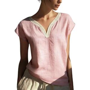 image:imagechouyatou Womens Lace Eyelet Cotton Linen Shirts V Neck Short Sleeve Blouses Pullover Summer Tunic TopsPink