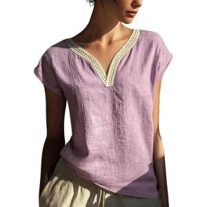image:imagechouyatou Womens Lace Eyelet Cotton Linen Shirts V Neck Short Sleeve Blouses Pullover Summer Tunic TopsPurple