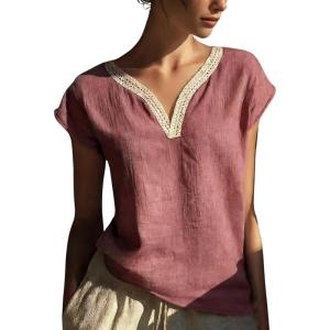 image:imagechouyatou Womens Lace Eyelet Cotton Linen Shirts V Neck Short Sleeve Blouses Pullover Summer Tunic TopsRed