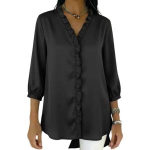image:imagechouyatou Womens Satin Silky Ruffle Shirt Button Down 34 Sleeve Tops Business Casual Loose Tunic Blouse ShirtsBlack