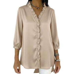 image:imagechouyatou Womens Satin Silky Ruffle Shirt Button Down 34 Sleeve Tops Business Casual Loose Tunic Blouse ShirtsChampagne